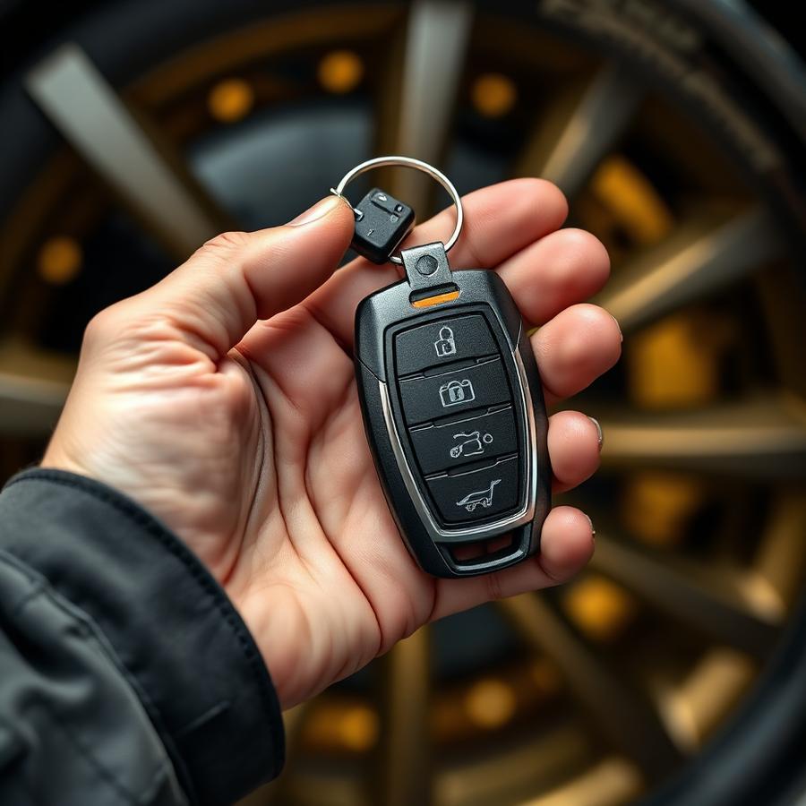 Chave automotiva codificada nas mãos de um profissional