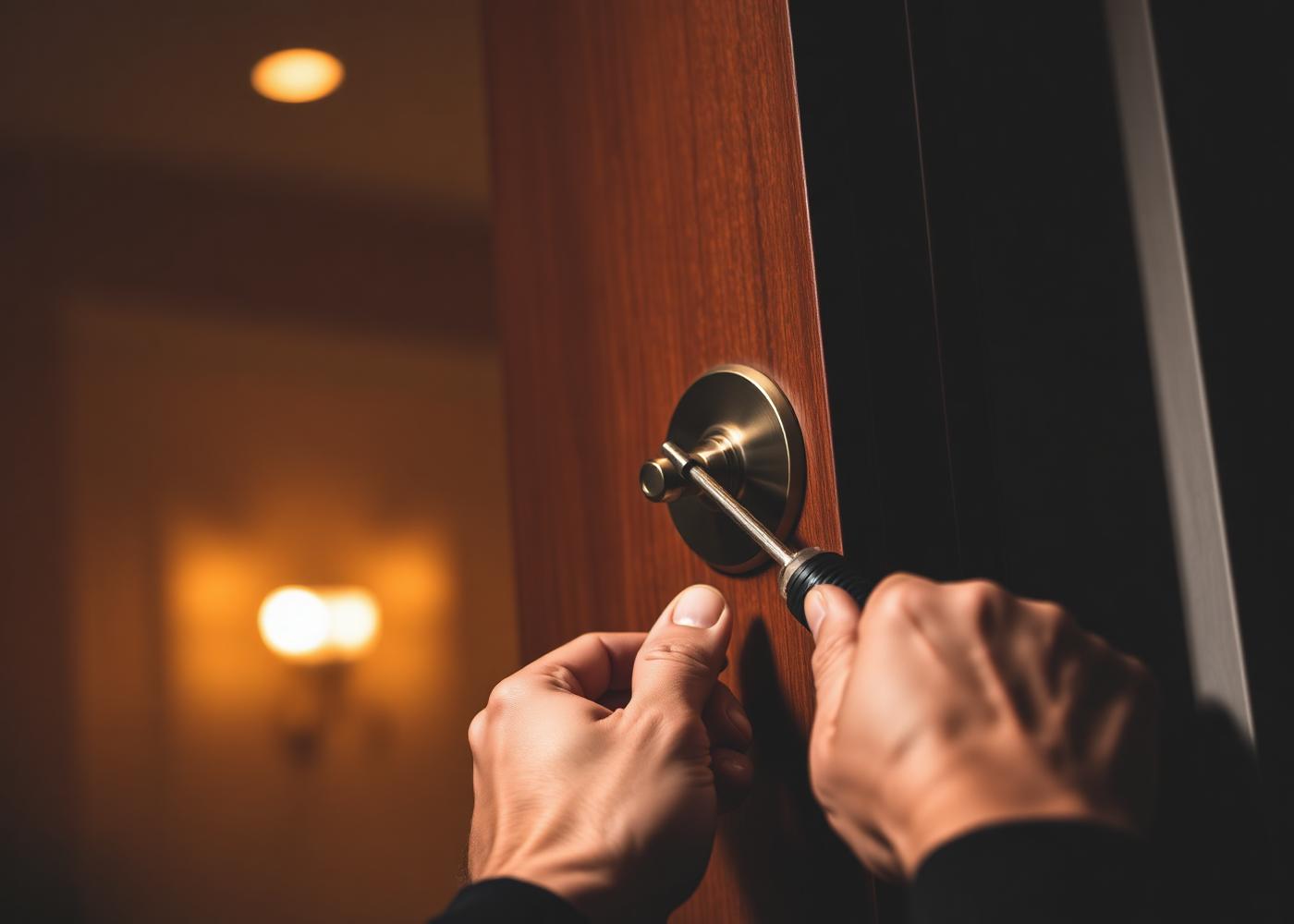 Chaveiro trabalhando em fechadura de porta residencial
